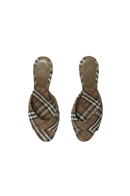 Burberry Khaki Check Linen Blend Mews High Mules In Brush