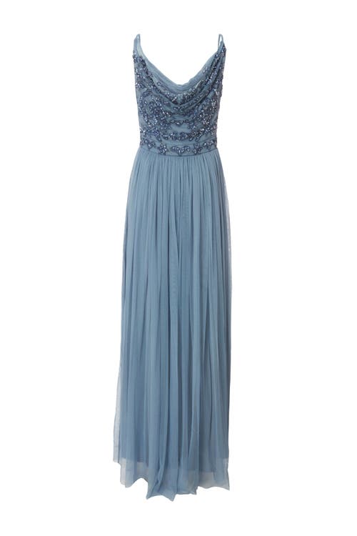 Quiz Cowl Neck Mesh Skirt Maxi Dress In Blue