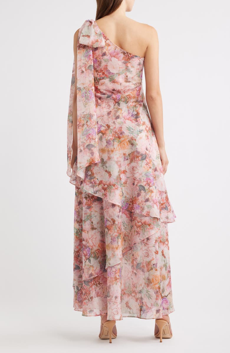 Lulus Amara Floral Print One-Shoulder Chiffon Gown, Alternate, color, Pink Floral