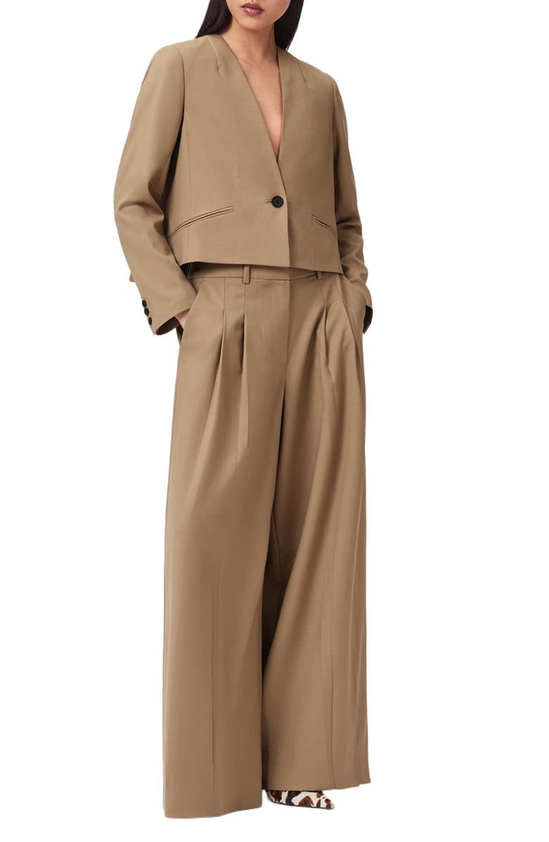 AllSaints Poppy Wool Blend Crop Blazer, Alternate, color, Sand Brown