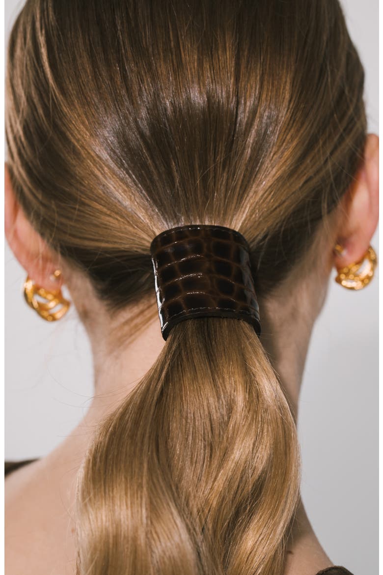 Croc Embossed Leather Ponytail Wrap, Alternate, color, BROWN CROC
