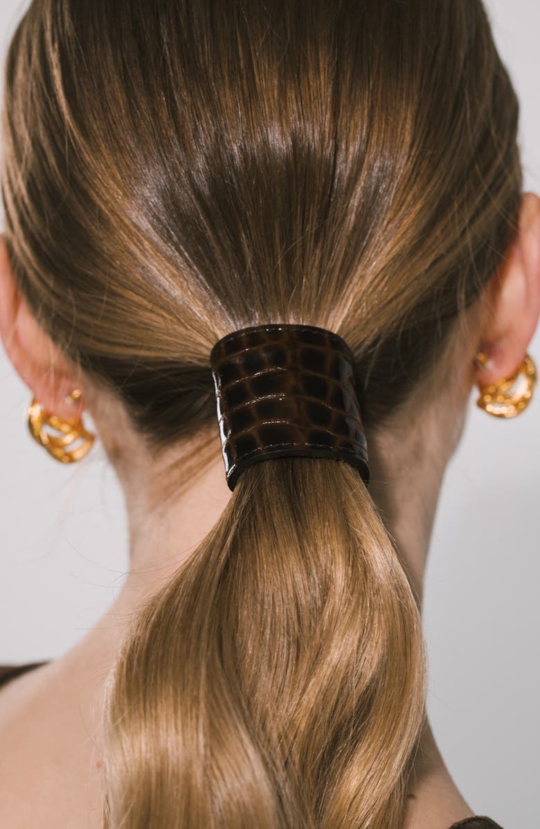 Jennifer Behr Croc Embossed Leather Ponytail Wrap, Alternate, color, Brown Croc