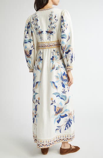 Mystic Blue Lotus Placed Print Long Sleeve Linen Blend Maxi Dress