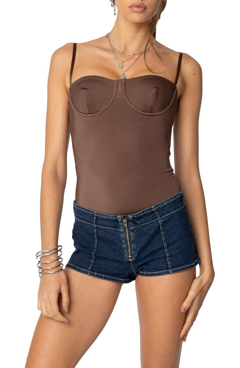 EDIKTED Laurel Bustier Bodysuit, Main, color, Brown