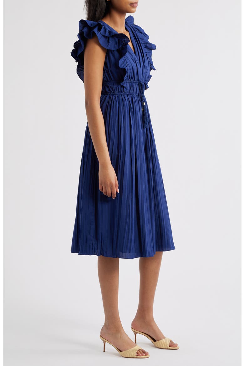 Ruffle Trim Pleat Dress, Alternate, color, NAVY