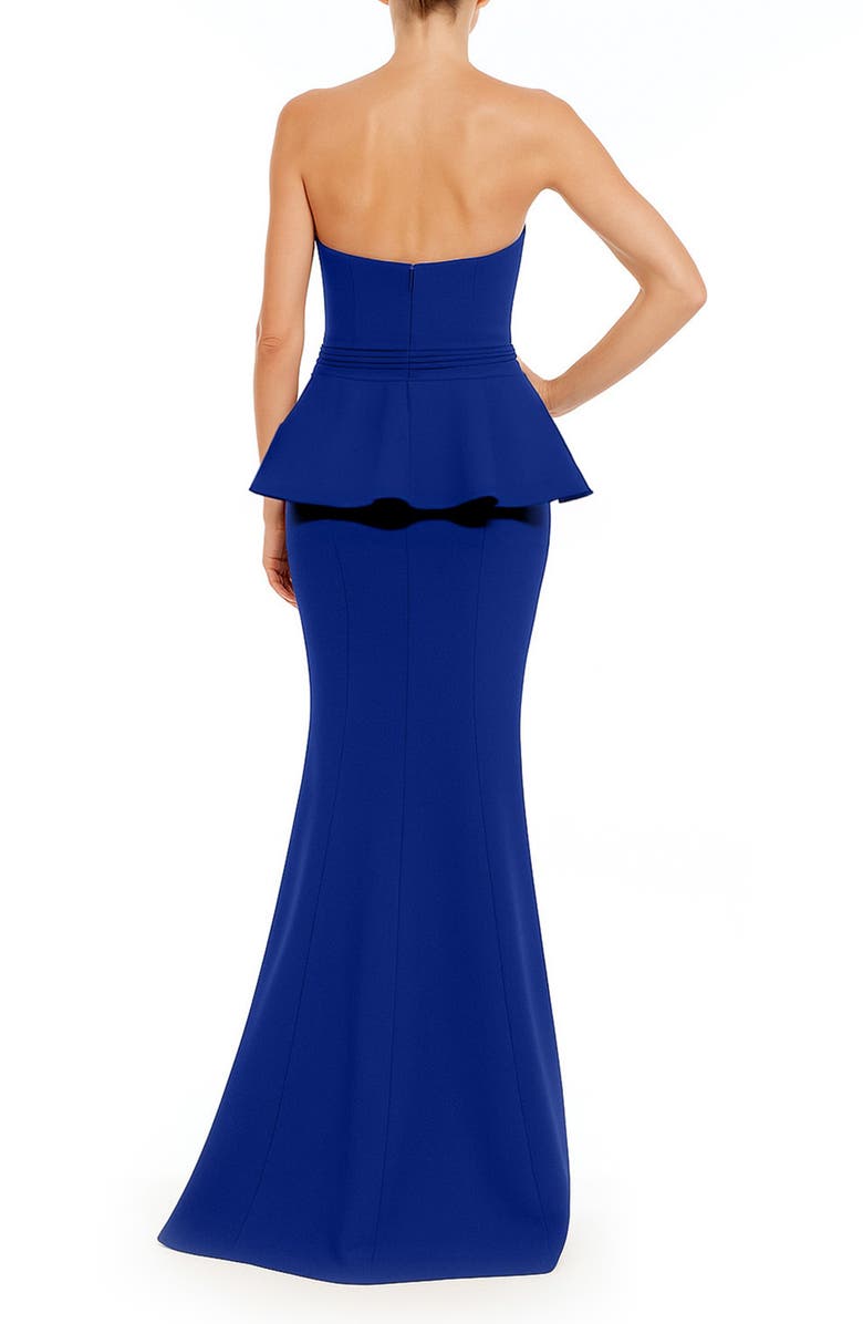 Badgley Mischka Collection Bow Detail Strapless Peplum Mermaid Gown, Alternate, color, Blueberry