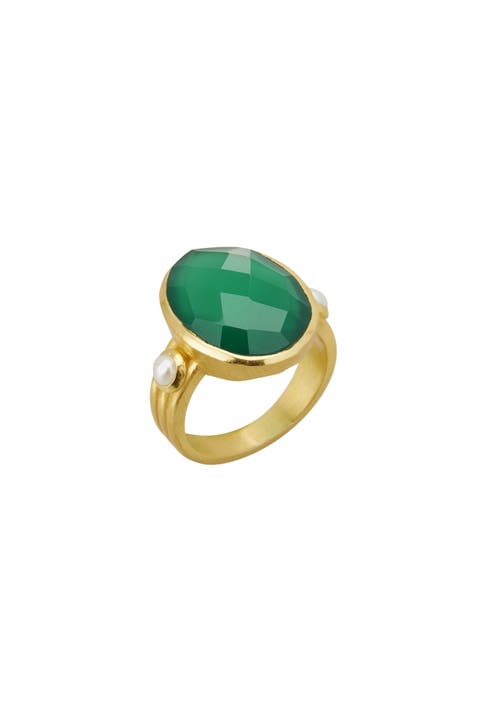 Green Onyx & Pearl Ring 8