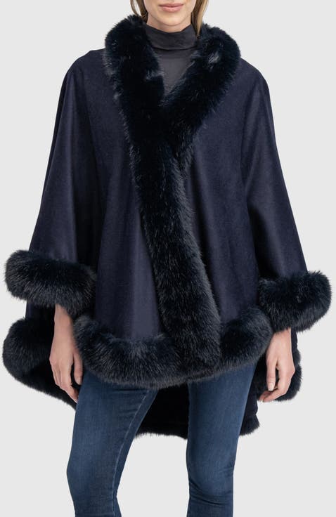 Cashmere & Wool Blend Cape With Fur-Free Fox (Faux Fur) Trim