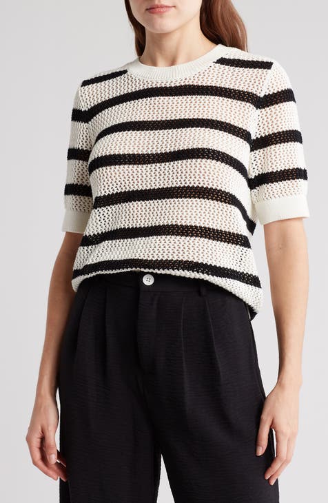 Open Weave Stripe Short Sleeve Sweater