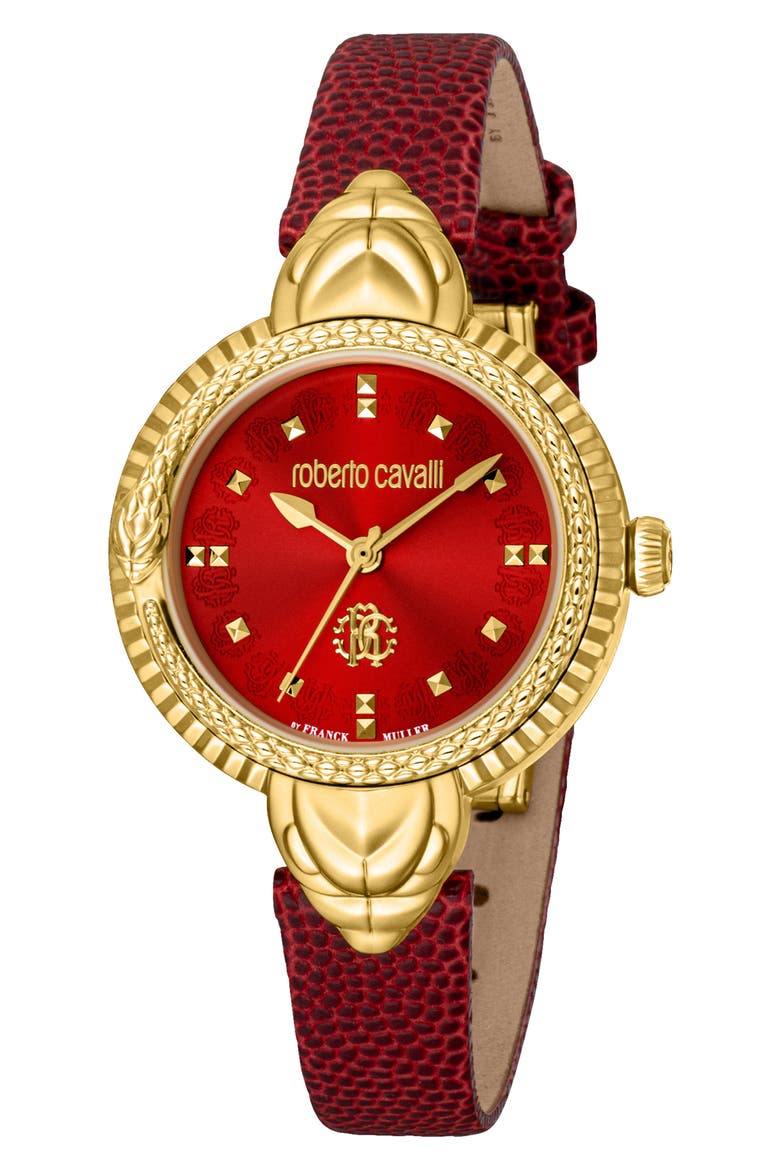 Mother of Pearl Dial Leather Strap Watch, 32mm, Main, color, RED