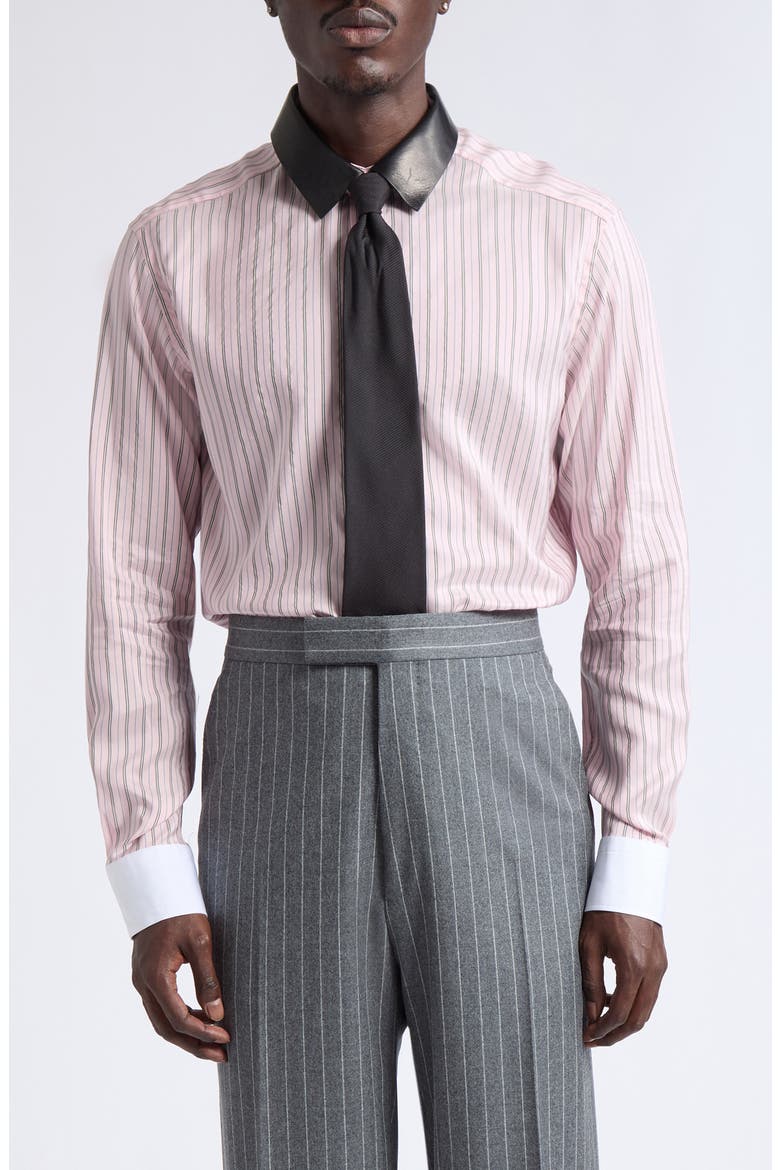 Stripe Silk Button-Up Shirt with Removable Leather Collar, Main, color, ROSE/ WHITE
