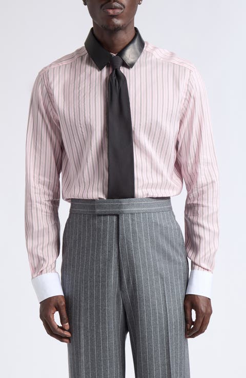 Stripe Silk Button-Up Shirt with Removable Leather Collar