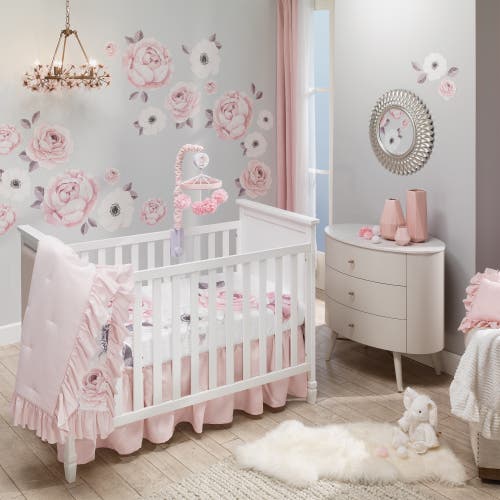 Lambs & Ivy Floral Garden Linen Shirred Crib Skirt/dust Ruffle In Pink