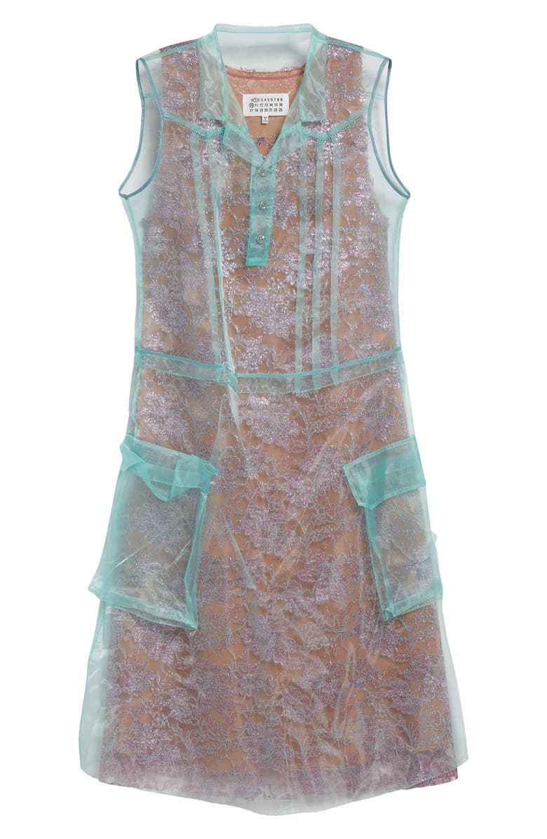 Maison Margiela Sheer Overlay Sleeveless Shirtdress, Alternate, color, Emerald/ Antique Rose