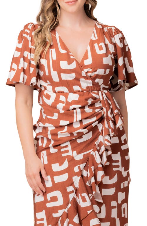 Kiyonna Alexandra Floral Print Ruffle Wrap Front Maxi Dress In Brown