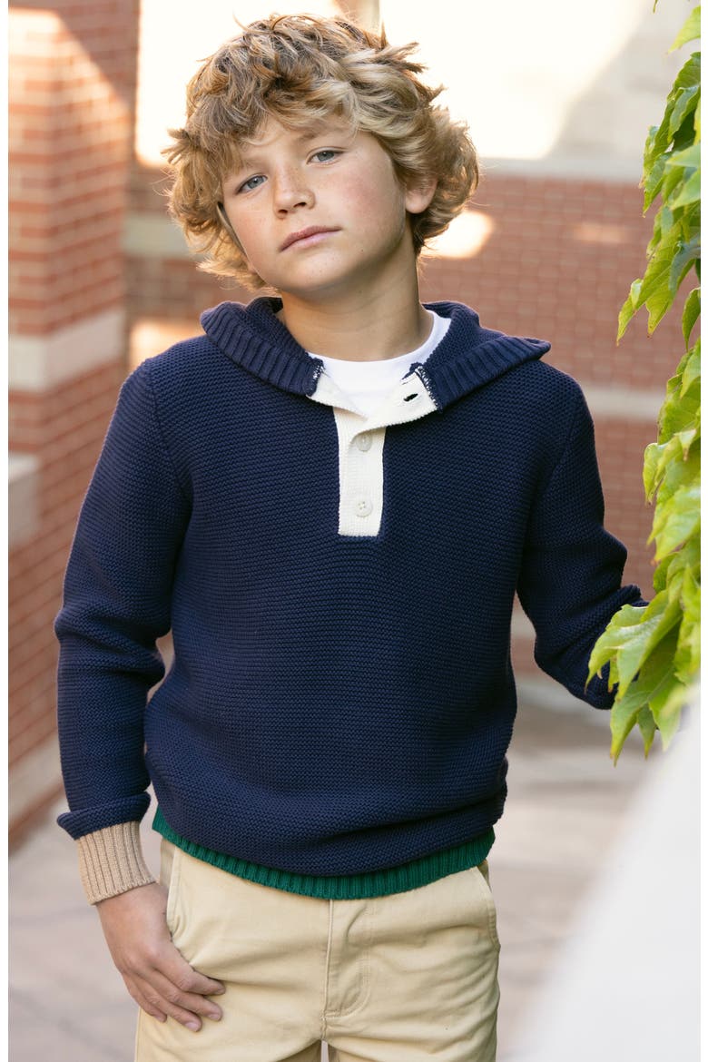 Kids' Organic Henley Sweater Hoodie, Alternate, color, Navy Colorblock