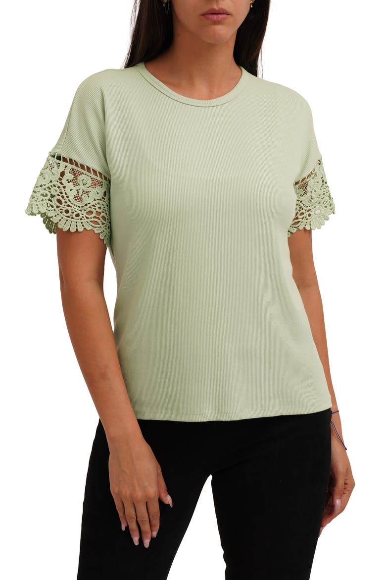 Lace Trim Short Sleeve Ribbed Top, Main, color, MINT GREEN