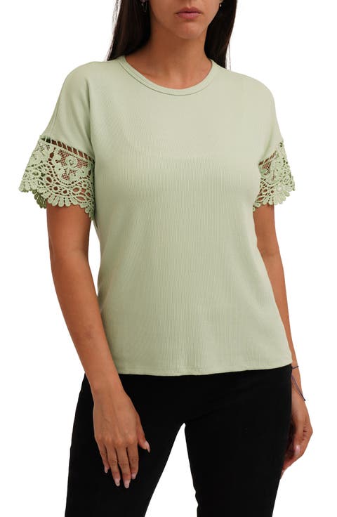 Lace Trim Short Sleeve Ribbed Top