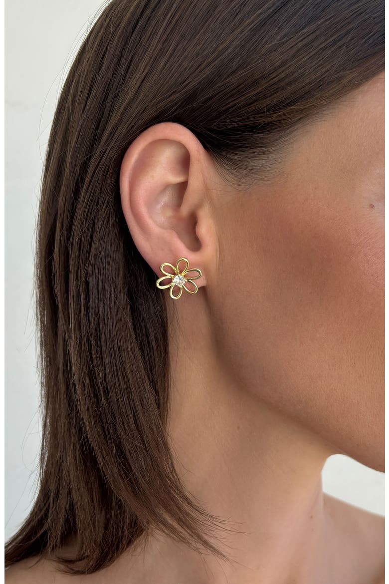 14K Gold Plated Cubic Zirconia Flower Outline Stud Earrings, Alternate, color, GOLD