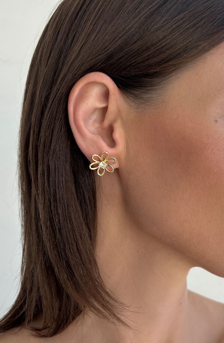 Adornia 14K Gold Plated Cubic Zirconia Flower Outline Stud Earrings, Alternate, color, Gold