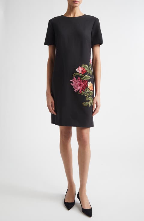 Floral Embroidered Stretch Wool Shift Dress