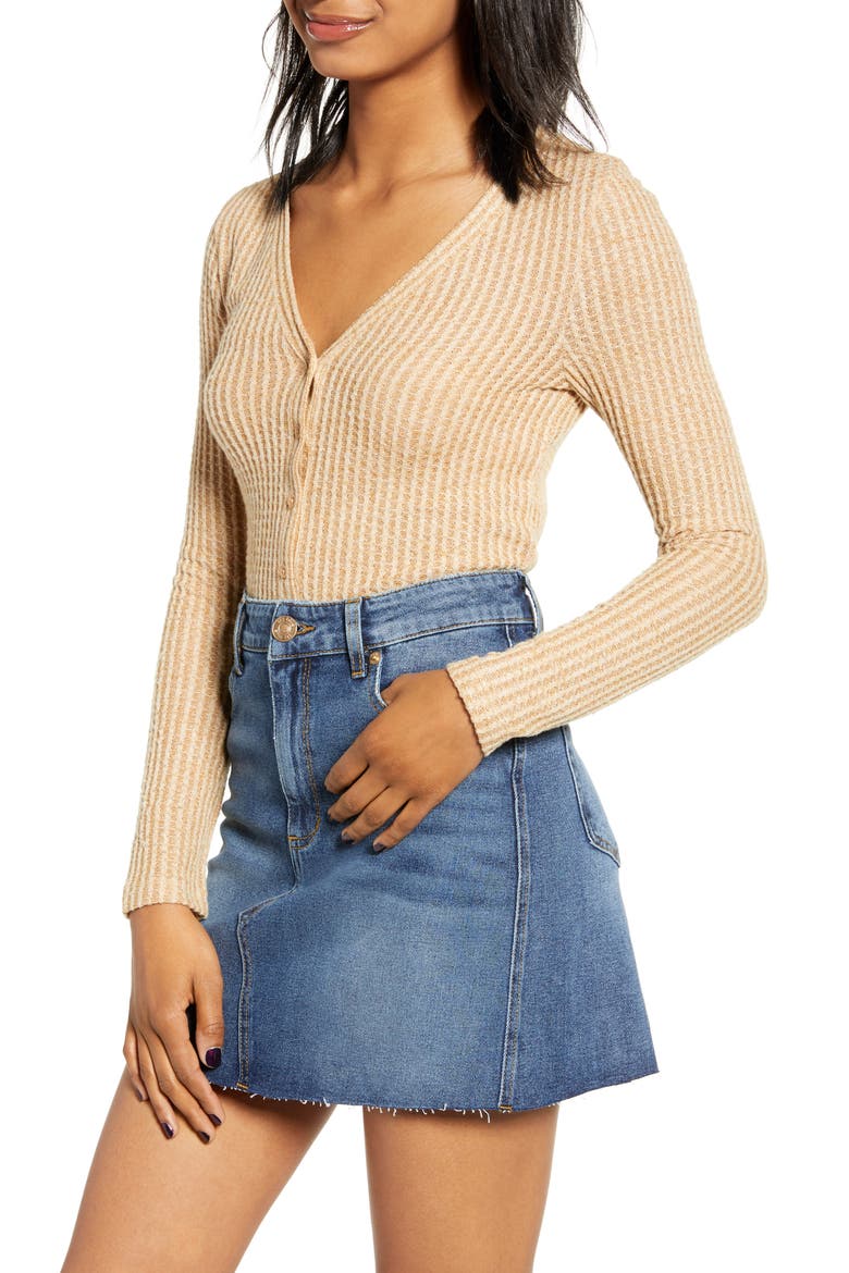 Button Front Long Sleeve Crop Waffle Knit Top, Main, color, BROWN BUCKTHORN