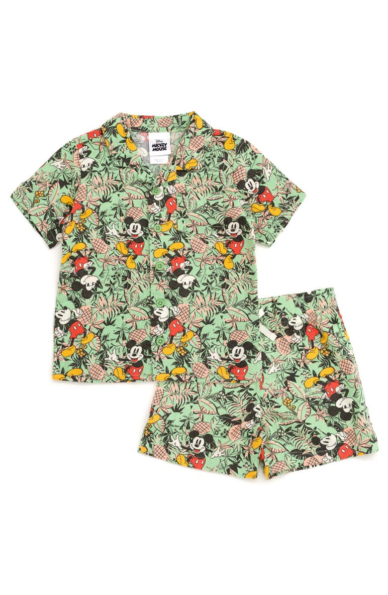 Disney Mickey Mouse Button-Down T-Shirt & Shorts Set, Main, color, Green