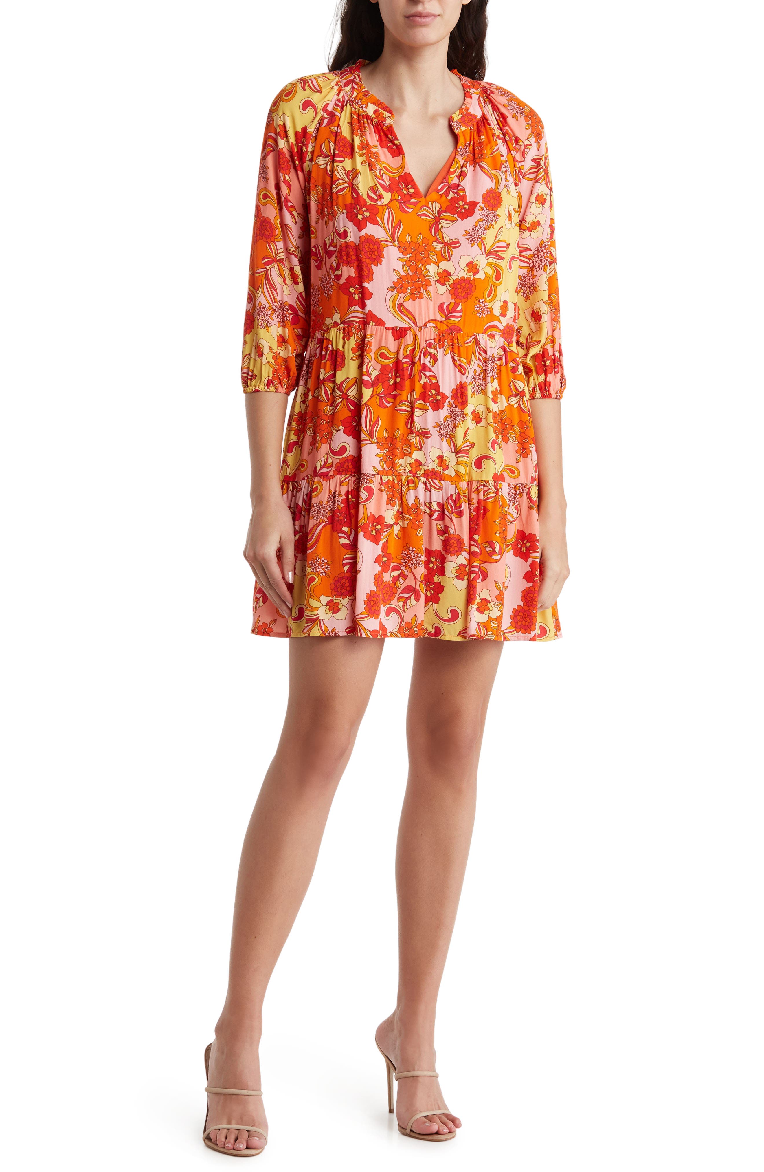 Adelyn Rae Floral Long Sleeve Tiered Babydoll Dress (Women) | Nordstromrack