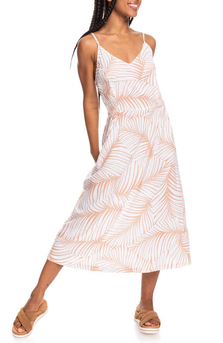 Roxy Land of Life Leaf Print Midi Dress, Main, color, 