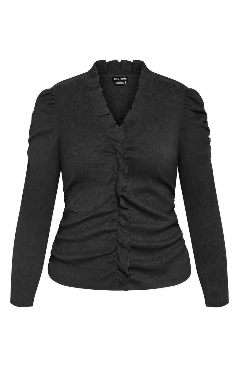 City Chic Anika Ruffle Trim Ruched Top, Alternate, color, Black