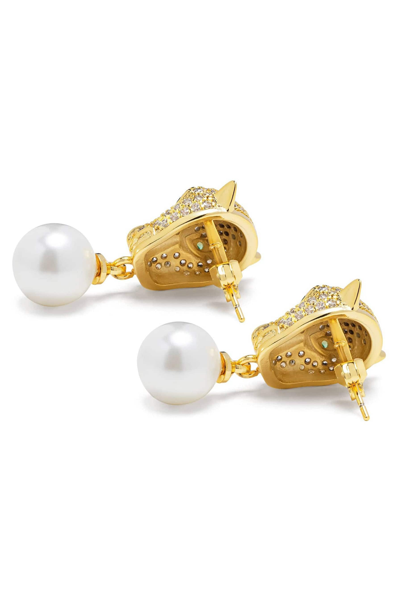 Panther Pearl Drop Earrings, Main, color, Gold / White