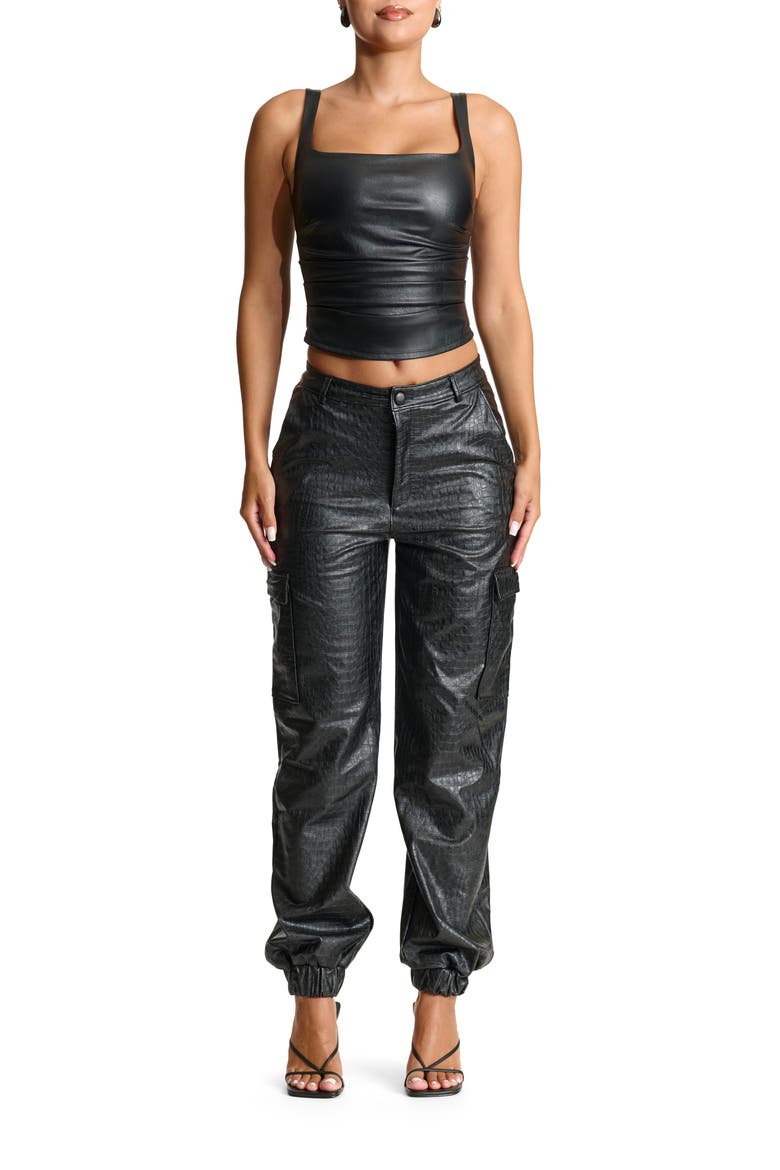 Glitter Square Neck Faux Leather Top, Alternate, color, BLACK