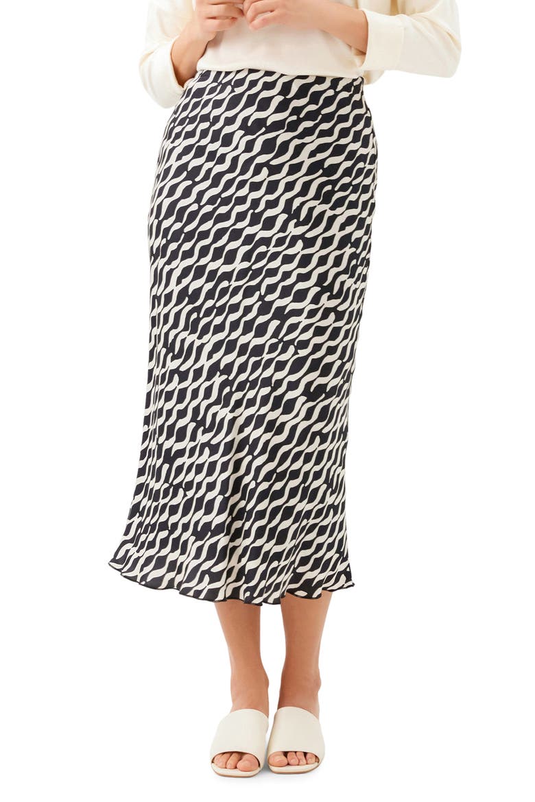 Abstract Print Satin Bias Cut Midi Skirt, Main, color, BLACK/ WHITE PRINT