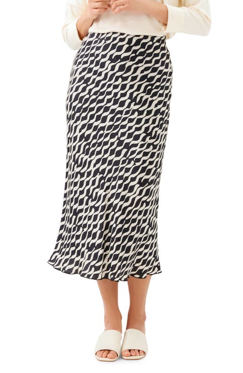 Abstract Print Satin Bias Cut Midi Skirt