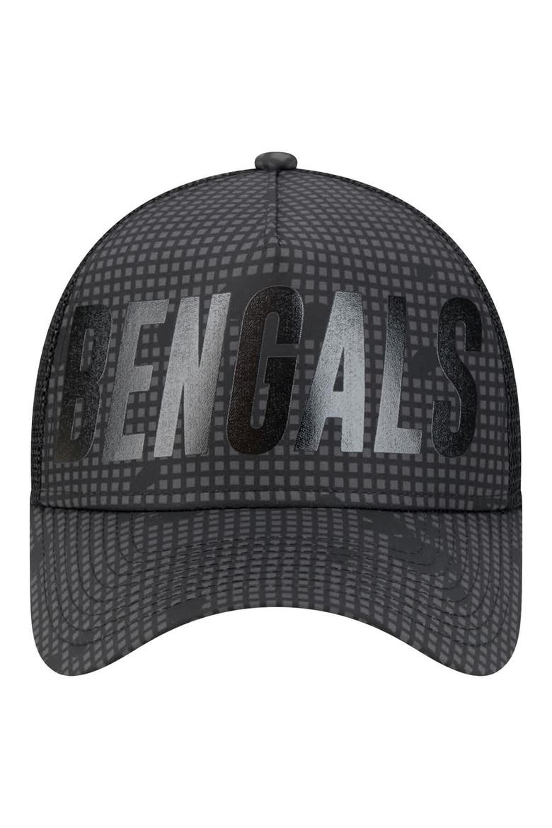 Men's New Era Black Cincinnati Bengals  Midnight Ink Tonal Text A-Frame Trucker 9FORTY Adjustable Hat, Alternate, color, Black