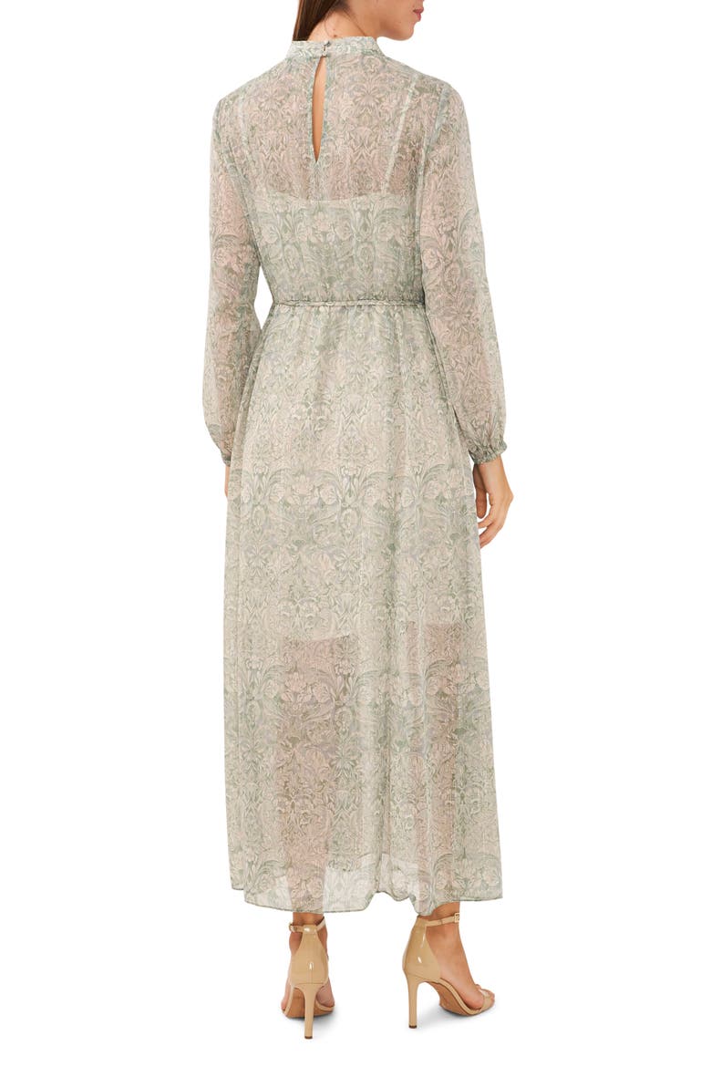 Floral Metallic Tie Waist Long Sleeve Midi Dress, Alternate, color, GARDEN IVY