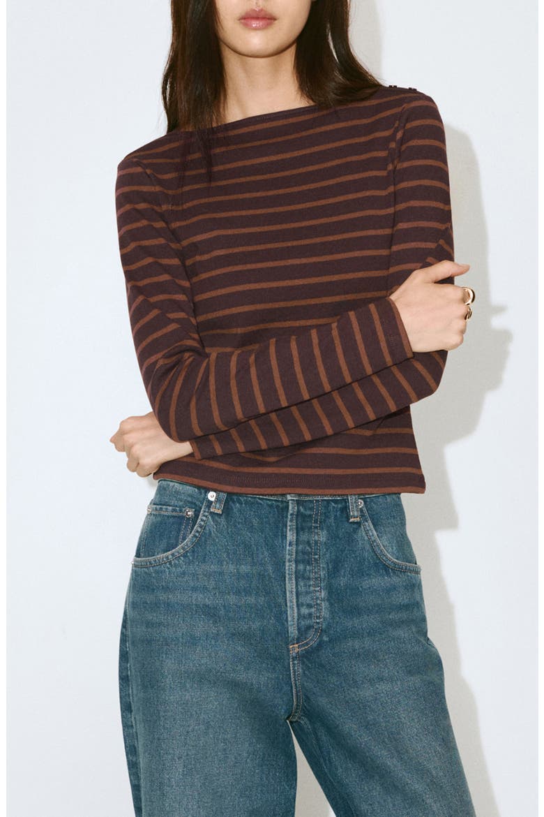 Stripe Boat Neck Long Sleeve Cotton T-Shirt, Main, color, BROWN