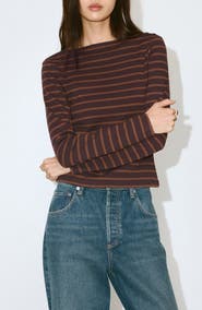 MANGO Stripe Boat Neck Long Sleeve Cotton T-Shirt