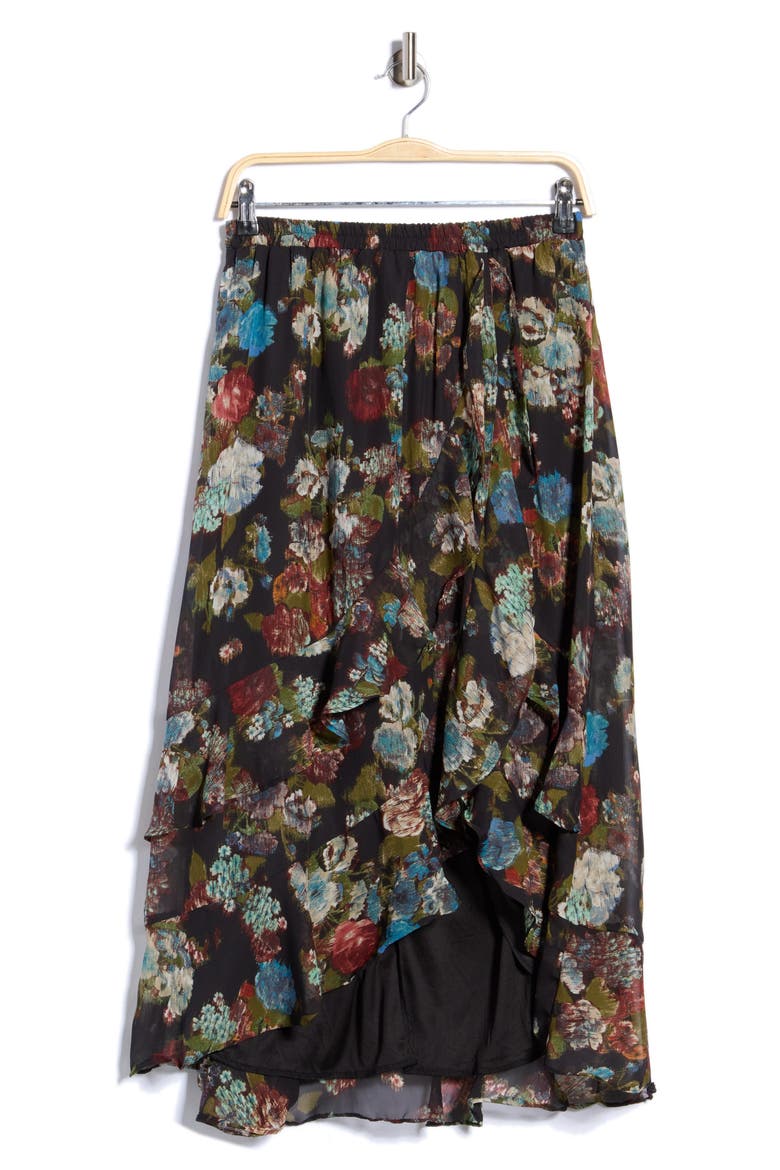 Floral High-Low Skirt, Main, color, BLK/ RST/ BLU