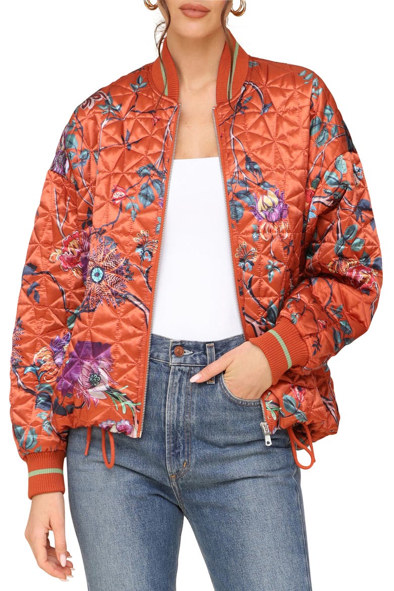 Floral Print Quilted Satin Bomber Jacket, Alternate, color, SPICE FLORAL