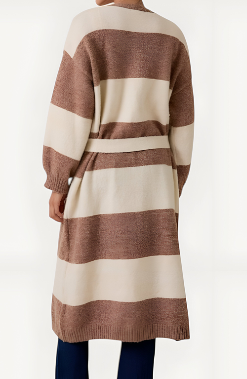 Modenaire Stripe Belted Long Cardigan With Open Front And Ribbed Cuffs In Brown