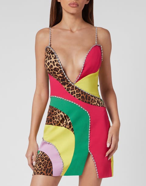 Satin Mini Dress Rainbow Patchwork Women