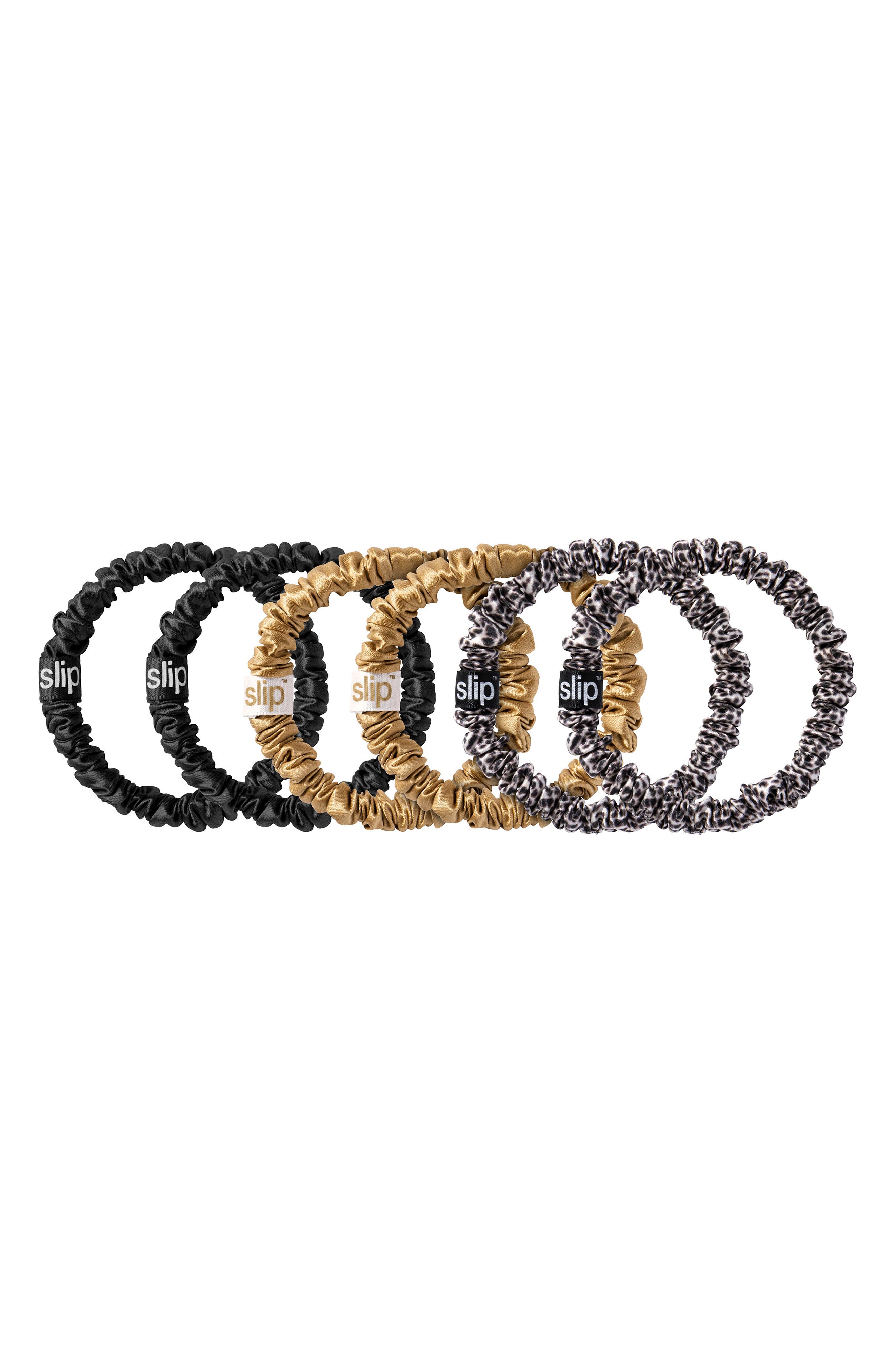 slip Pure Silk 6-Pack Skinny Scrunchies in Gold/leopard/black