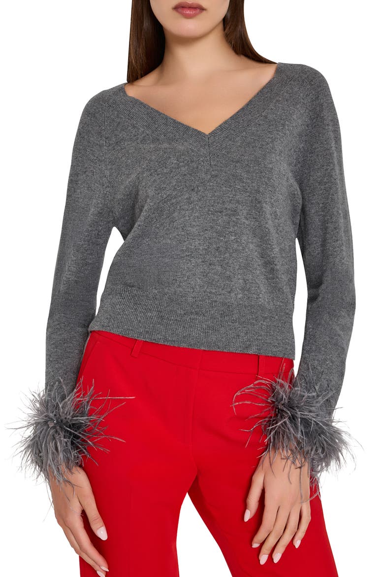 Feather Cuff V-Neck Sweater, Main, color, GREY HEATHER
