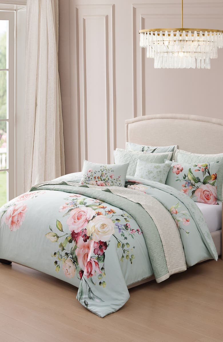Bebejan Rose On Misty Green 8-Piece Reversible Comforter Set, Alternate, color, Green