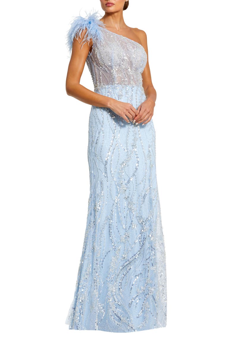 Feathered One Shoulder Embroidered Applique Gown, Main, color, POWDER BLUE