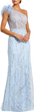 Mac Duggal Feathered One Shoulder Embroidered Applique Gown