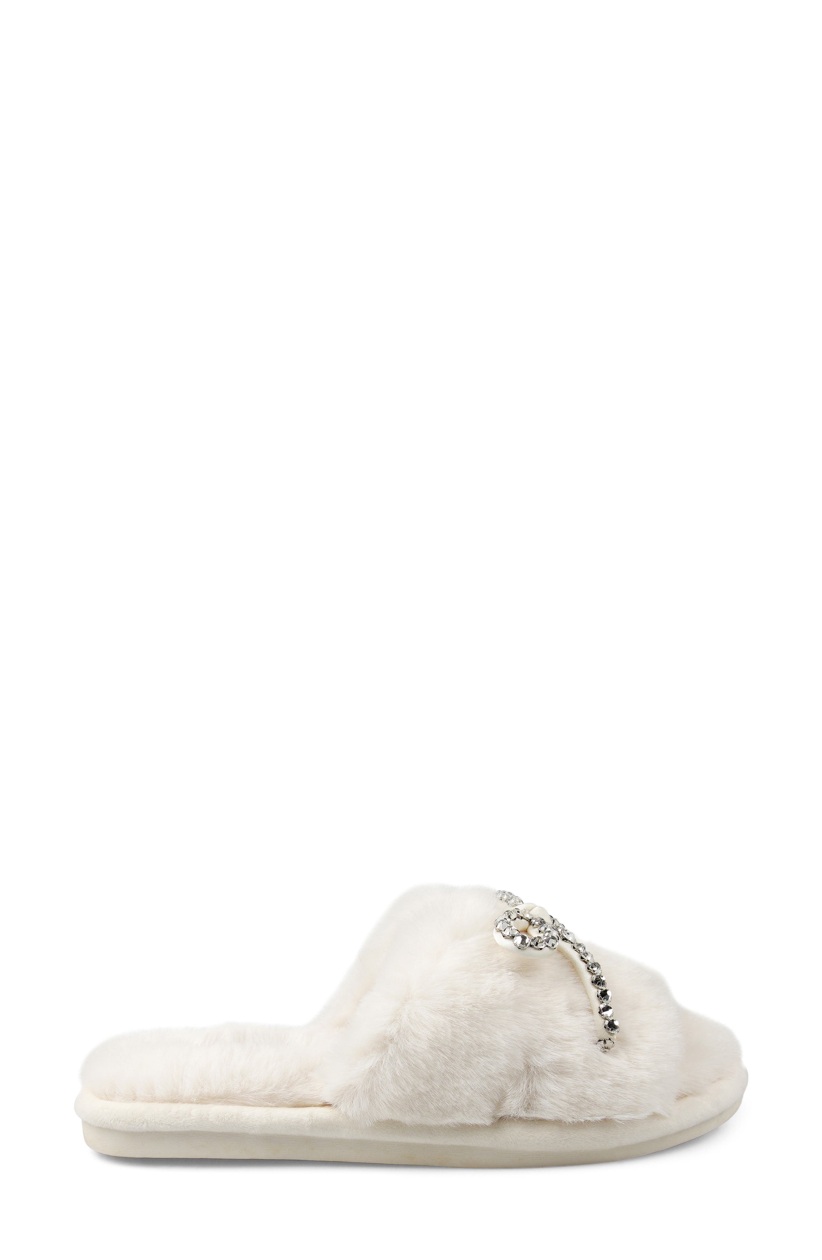 Franney Bow Embellished Faux Fur Slipper, Alternate, color, OFF WHITE