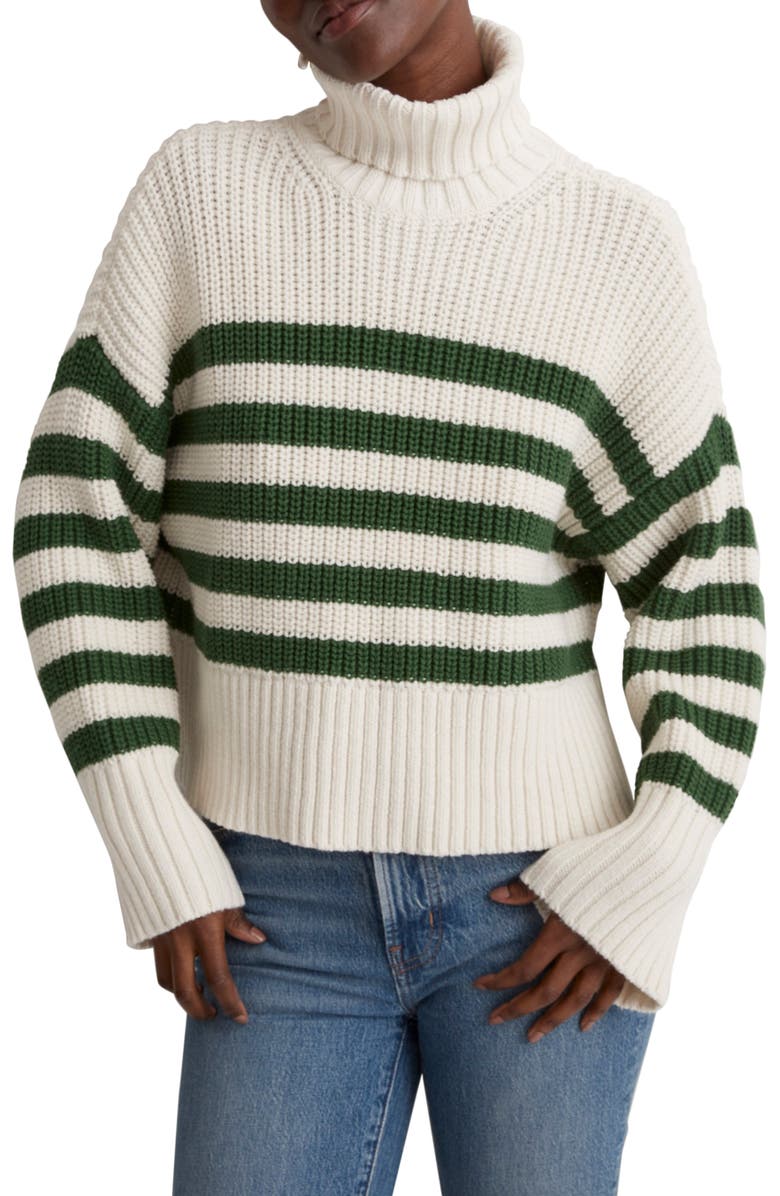 Madewell Wide Rib Turtleneck Sweater, Main, color, Varsity Green Stripe
