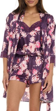 Flora Nikrooz Sabrina Floral Print Satin Short Pajamas & Robe Set